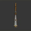 Silver Metallic Blaster Weapon With Long Cylindrical Body Yellow Accents And Brown Tassel Details