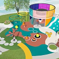Colorful Playground Equipment With Spiral Slide Circular Building And Colorful Ground Patterns