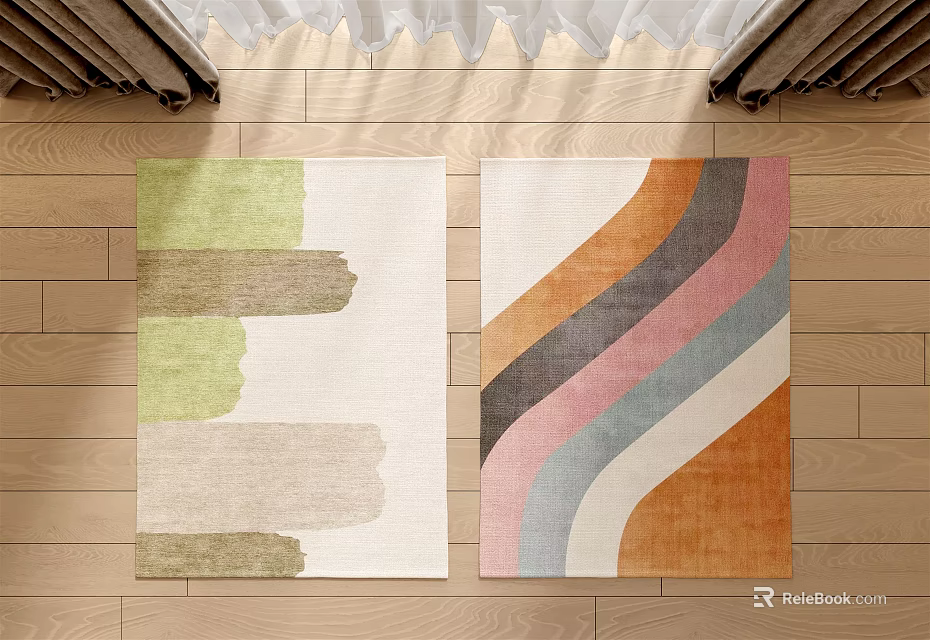 Square Rugs Featuring Green Beige Brown Brush Orange Pink Gray White Wavy Stripes Wood Floor 3d model 