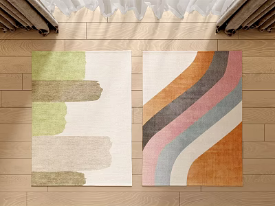 Square Rugs Featuring Green Beige Brown Brush Orange Pink Gray White Wavy Stripes Wood Floor 3d model