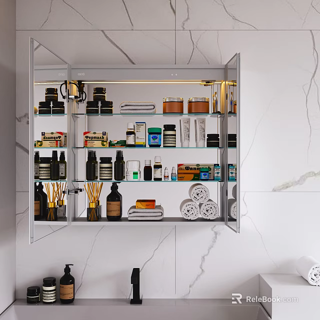 Bathroom Wall Cabinet Featuring Glass Doors LED Lighting And Organized Toiletries Storage 3d model 