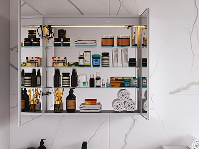 Bathroom Wall Cabinet Featuring Glass Doors LED Lighting And Organized Toiletries Storage 3d model
