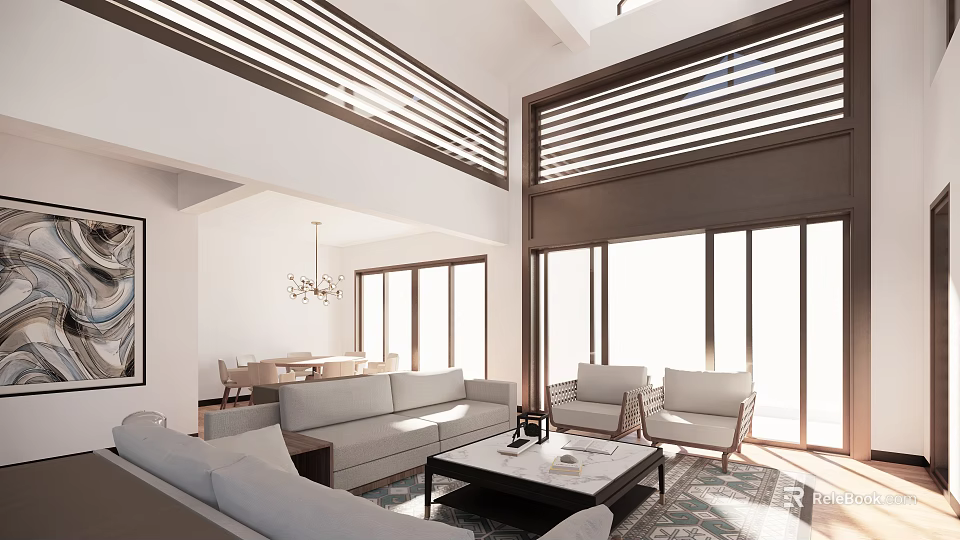 Modern Living and Dining Room Interior with Sofa Coffee Table Slatted Blinds and Large Windows 3d model 