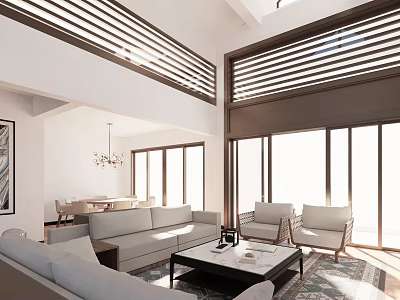 Modern Living and Dining Room Interior with Sofa Coffee Table Slatted Blinds and Large Windows 3d model