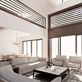 Modern Living and Dining Room Interior with Sofa Coffee Table Slatted Blinds and Large Windows