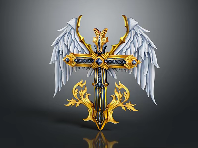 Elegant Golden Cross With White Wings Blue Gems And Intricate Flame Patterns 3d model