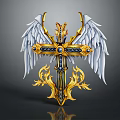 Elegant Golden Cross With White Wings Blue Gems And Intricate Flame Patterns