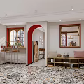 Café Interior Design With Red Arches Colorful Tiled Floor And Cozy Seating Area