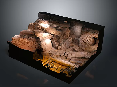 Ancient Ruins Model Display With Stone Structures And Illuminated Cave Design 3d model
