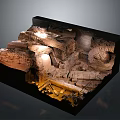Ancient Ruins Model Display With Stone Structures And Illuminated Cave Design