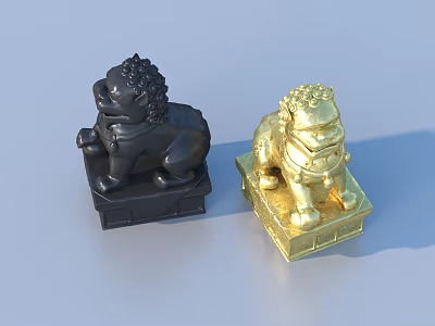 Black And Gold Lion Statues With Square Base Decorative Figurines 3d model