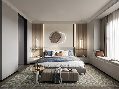 Modern Bedroom Interior With Round Mirror Bed Nightstands Table Lamps Rug And Ottoman 3d model