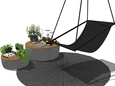 Black Hammock Chair With Round Stone Tables Plants Cups Phone And Rug 3d model