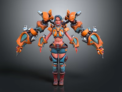 Game Movie Sci Fi Character With Orange Blue Mechanical Armor And Exoskeleton Arms 3d model