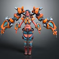 Game Movie Sci Fi Character With Orange Blue Mechanical Armor And Exoskeleton Arms