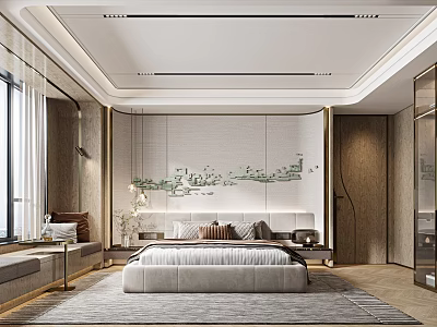 Modern Bedroom Interior Design With Comfortable Bed Soft Rug And Large Window 3d model