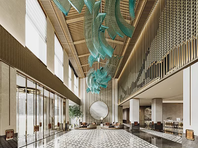 Luxurious Hotel Lobby Interior With Wooden Ceiling Turquoise Hanging Lights And Marble Floor 3d model