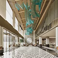 Luxurious Hotel Lobby Interior With Wooden Ceiling Turquoise Hanging Lights And Marble Floor