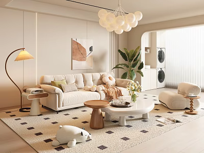 Modern Living Room Interior With Beige Sofa White Spherical Chandelier Floor Lamp And Geometric Rug 3d model