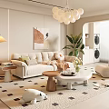 Modern Living Room Interior With Beige Sofa White Spherical Chandelier Floor Lamp And Geometric Rug