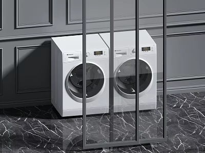 Two White Front Loading Washing Machines In Modern Interior With Marble Floor And Dark Walls 3d model
