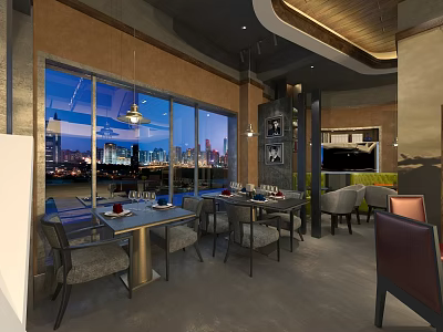 Modern Internet Cafe Interior With Large Windows City Night View Tables Chairs And Hanging Lamps 3d model