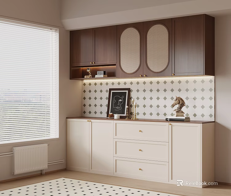 Modern Sideboard Cabinet Featuring Dark Rattan Upper Doors Light Body And Patterned Tile Backsplash 3d model 