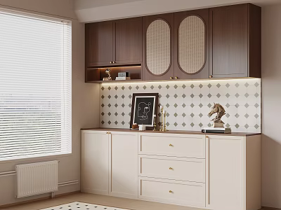 Modern Sideboard Cabinet Featuring Dark Rattan Upper Doors Light Body And Patterned Tile Backsplash 3d model