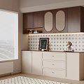 Modern Sideboard Cabinet Featuring Dark Rattan Upper Doors Light Body And Patterned Tile Backsplash 3d model