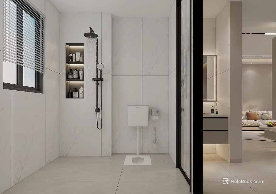 Modern Bathroom Interior With White Marble Walls Wall Mounted Toilet Shower Area And Storage Cabinets 3d model 