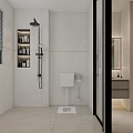 Modern Bathroom Interior With White Marble Walls Wall Mounted Toilet Shower Area And Storage Cabinets