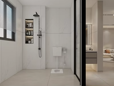 Modern Bathroom Interior With White Marble Walls Wall Mounted Toilet Shower Area And Storage Cabinets 3d model