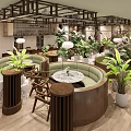 Modern Restaurant Interior With Green Sofa Seating Marble Round Tables Plants And Pendant Lights