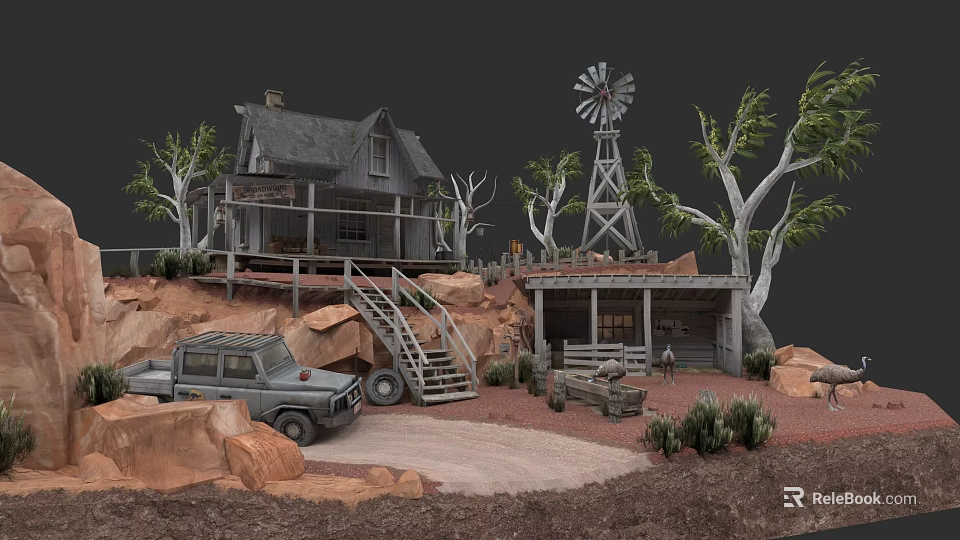 Botanical Painting Featuring Old House Windmill Vintage Car Rocky Landscape Dirt Path And Trees 3d model 