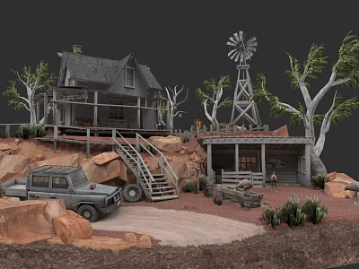 Botanical Painting Featuring Old House Windmill Vintage Car Rocky Landscape Dirt Path And Trees 3d model