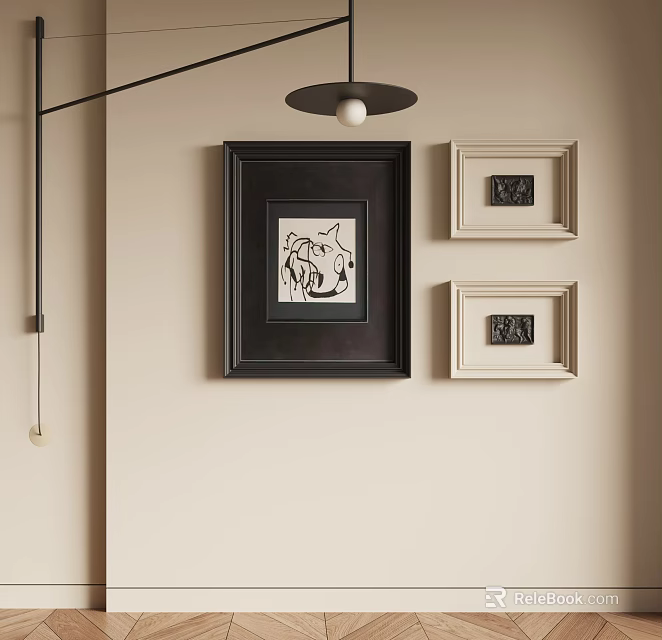 Abstract Painting in Black Frame with Beige Framed Artworks on Wall and Pendant Light 3d model 