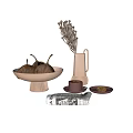 Beige Decorative Accessories Set With Bowl Vase Dried Flowers Coffee Cup And Croissant