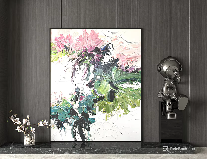 Abstract Painting With Bold Brushstrokes In Modern Interior With Sculpture And Floral Vase 3d model 