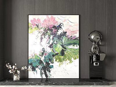 Abstract Painting With Bold Brushstrokes In Modern Interior With Sculpture And Floral Vase 3d model