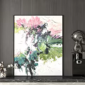 Abstract Painting With Bold Brushstrokes In Modern Interior With Sculpture And Floral Vase
