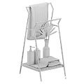 Black Metal Towel Stand with Wooden Shelf Bath Towels Soap Bottles and Dried Plant Vase