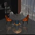 Modern Dining Table Set With Round White Tabletop Blue Pedestal And Orange White Chairs