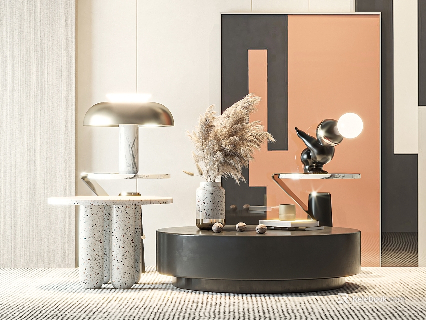 Elegant Modern Black Coffee Table With Pampas Grass And Sculpture Decor 3d model 