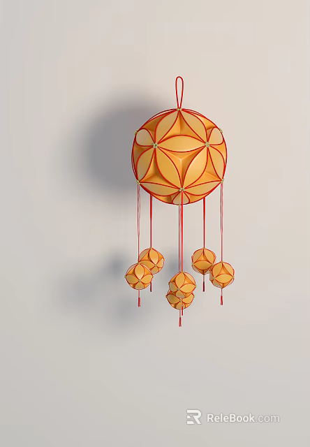 Orange Red Geometric Hanging Ornament With Spherical Body And Small Pendants On Red Strings 3d model 