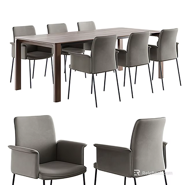 Modern Wooden Dining Table Set With Six Gray Upholstered Chairs 3d model 