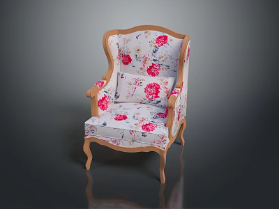 Elegant Floral Pattern Armchair With White Fabric Wooden Frame And Curved Legs 3d model