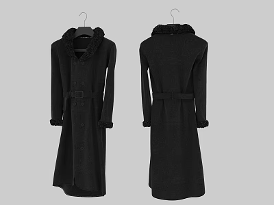 Black Long Fur Collar Belted Coat with Front And Back View Hanging On Hanger 3d model
