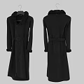 Black Long Fur Collar Belted Coat with Front And Back View Hanging On Hanger