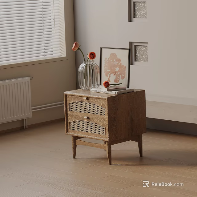 Wooden Nightstand With Rattan Drawer Fronts Glass Vase And Framed Floral Artwork 3d model 