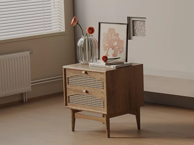 Wooden Nightstand With Rattan Drawer Fronts Glass Vase And Framed Floral Artwork 3d model